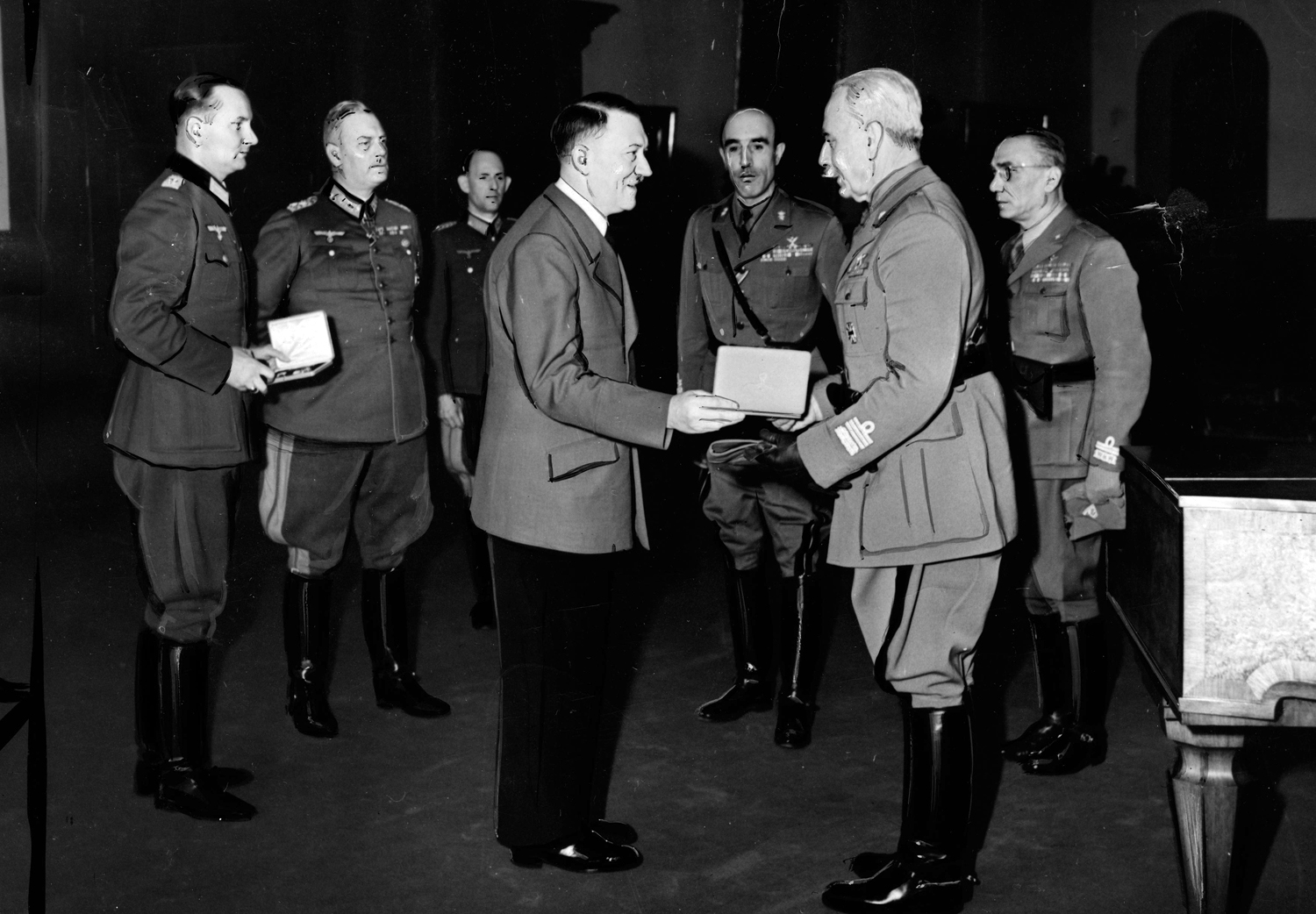 Adolf Hitler awards general Italo Gariboldi with the Knight's cross of the Iron cross at the Berghof